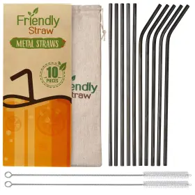 Friendly Straw 850009078414 10 Pack 10.5 Inch X .25 Reusable Metal Straws 5 Straight Elbow Stainless Stee