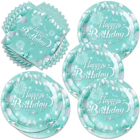 Frypeas 768771715966 40pcs Teal And Silver Birthday Party Supplies Tableware Set Confetti Happy