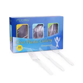 Amz-cutlery-300 Fuling 300pcs Clear Plastic Cutlery Set Disposable Knives And Silver