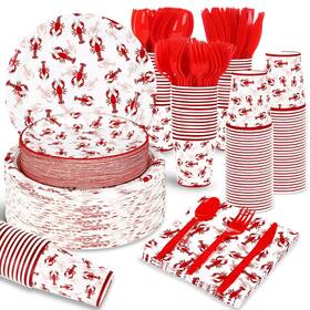 Fuljooy Fj0246 400 Pcs Crawfish Boil Party Supplies Plaid Plates Cups Napkins Cutlery Serve 50