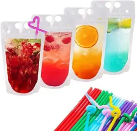 Fullsexy 593249329800 100pcs Drink Pouches For Adultshand-held Reusable Clear Juice With Straws