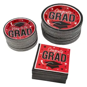 Fun Express 197640459258 Red Congrats Grad Graduation Party Disposable Tableware Kit Bulk 300