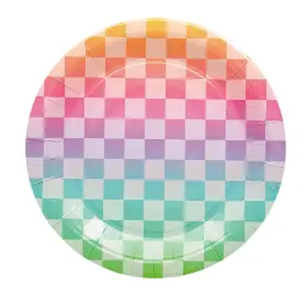 Fun Express 197640460599 Pastel Checkered Round Disposable Paper Dinner Plates -9 1/4 Inch 8 Counts