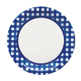 Fun Express 197640484298 Blue Gingham Round Disposable Paper Dinner Plates - 9 1/4 Inch 8 Count