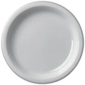 Fun Express 197640556940 Silver Disposable Round Plastic Dessert Plates With Textured Rim 7 Inch