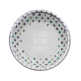 Fun Express 886102017609 Blessings On Your Birthday Polka Dot Paper Dinner Plates With Silver Trim - 8 Co
