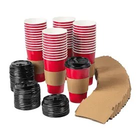 Fun Express 886102588062 Disposable Paper Coffee Cups With Lids And Sleeves Red 16 Oz Bulk 48