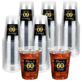 Huq-funnymoom-0430 Funnymoom 60 Pack 60th Birthday Cup 12 Oz Cheers To Years Disposable Clear Plastic C