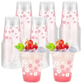 Huq-funnymoom-2464 Funnymoom 60 Pack Daisy Birthday Plastic Cups 12 Oz Pink White Boho Flower Disposable