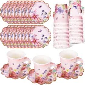 Huq-funnymoom-3079 Funnymoom 50 Sets Blossom Party Paper Tea Cups And Saucer Disposable 9 Ounces Pink