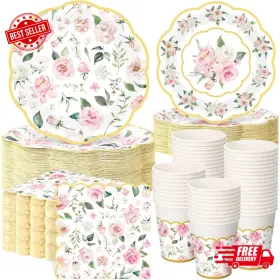 Huq-funnymoom-3198 Funnymoom 250 Pcs Floral Party Decorations Flower Paper Plates Napkins And Cups Pink An