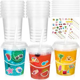 Huq-funnymoom-4665 Funnymoom 12 Sets 34 Oz Plastic Drink Buckets With Lid And Straws 6 Sheets Summer Stick