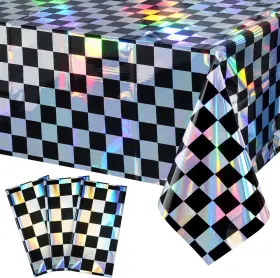 Funnypars 744759597786 3pack Black And Iridescent Checkered Plastic Tablecloth Shiny Disposable Laser