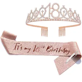 18th-tiarasash Funsachy 18th Birthday Sash And Rhinestone Tiara Set Rose Gold Party For Girls