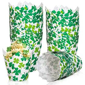 Fysuimu F0255 200pcs St. Patricks Day Tulip Cupcake Liners Green Shamrock Muffin Baking Cups