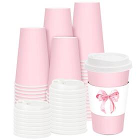 Fysuimu F0366 50 Sets Pink Coffee Cups With Lids And Watercolor Bow Sleeves 16oz Bowknot Pa