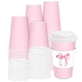 F0366 Fysuimu 50 Sets Pink Coffee Cups With Lids And Watercolor Bow Sleeves 16oz Bowknot Pa