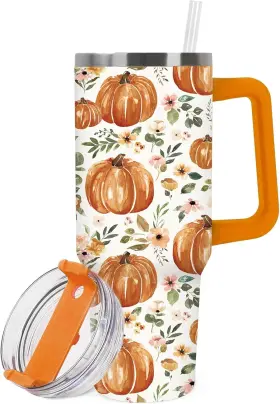 F2633 Fysuimu Fall Tumbler With Handle 40oz Orange Pumpkin Green 40 Ounces