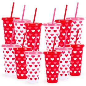 Fysuimu F4576 12 Pcs Valentines Day Heart Plastic Tumblers With Lids Straws Reusable Cups