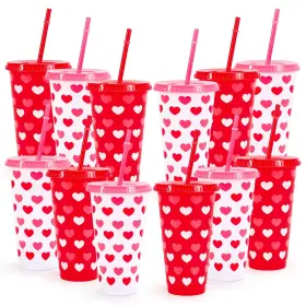 F4576 Fysuimu 12 Pcs Valentines Day Heart Plastic Tumblers With Lids Straws Reusable Cups