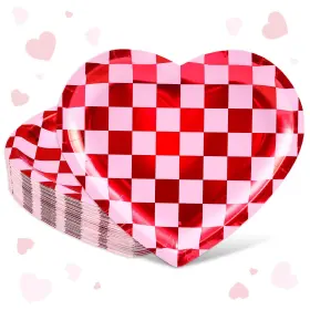 F4689 Fysuimu 60 Pcs Valentines Day Paper Plates Dinner Red Foil Plaid Heart Shape Dis