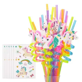 Fzr Legend 742354356524 24 Reusable Unicorn Drinking Plastic Straws 6 Temporary Tattoos For Girls
