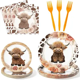 G1ngtar 313027829883 96pcs Highland Cow Party Plates Supplies Farmhouse Cattle Tableware De
