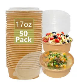 Yzch-500 Ganfaner 50 Sets Disposable Paper Round Bowls With Lid 17 Oz Microwave Deli Container