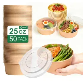 Yzch-750 Ganfaner 50 Set Disposable Kraft Paper Round Bowl With Lid 25 Oz Microwave Deli Container