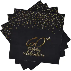 Gatherfun 705353040306 60th Birthday Napkin Disposable Paper Napkins Black And Gold Party Dec