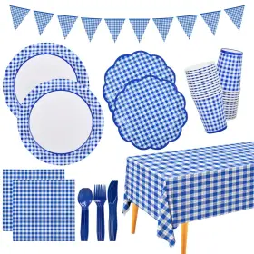 Gatherfun 749816012868 Gingham Blue And White Party Supplies Disposable Paper Plates Napkins Cups Knive