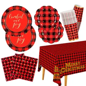Gatherfun 749816013629 Christmas Dinnerware Set Red And Black Golden Tree Disposable Paper Pl