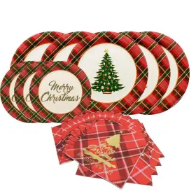 Gatherfun 782289512299 Christmas Party Supplies Tree Red Plaid Disposable Paper Dinner Plates