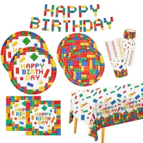 Gatherfun 973916857218 Building Block Party Supplies Paper Plates Napkins Cups Tablecloth Banner For