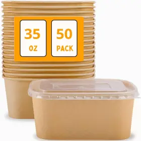 Gdotmely 733039595482 50 Pack Paper Food Containers With Lids 35 Oz Kraft Bowls Cardboard Mea