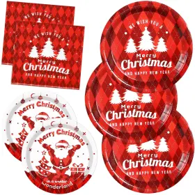 Gz-christmas-200 Gezond 200 Pcs Christmas Paper Plates And Napkins Tree Red Plaid Disposab