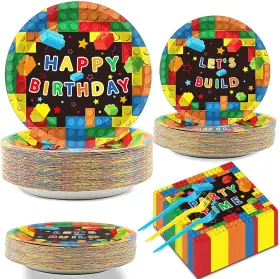 Gisgfim 744110853483 200 Pcs Building Blocks Birthday Party Supplies Paper Plates Napkins Colorful Bl