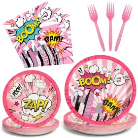 Mm0396 Gisgfim 96 Pcs Super Girl Theme Plates And Napkins Party Supplies Pink Comic Hero Tab