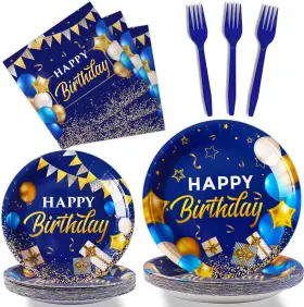 Mm0502 Gisgfim 96 Pcs Blue And Gold Birthday Plates Napkins Party Supplies Navy