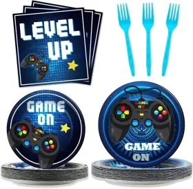 Mm0548 Gisgfim 96 Pcs Video Game Party Supplies Paper Plates Napkins Gaming Birth
