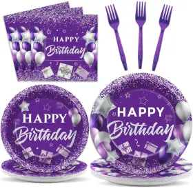 Mm1213 Gisgfim Purple Birthday Party Supplies Set - 96 Pcs Plates Napkins For 24 Guests
