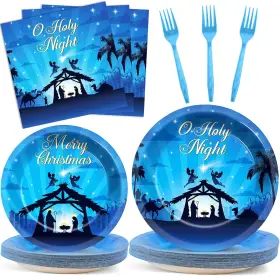 Mm1288 Gisgfim O Holy Night Christmas Nativity Party Supplies Tableware Set For 24 Blue