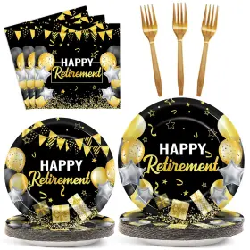Mm1835 Gisgfim 96 Pcs Retirement Party Plates And Napkins Set - Black Gold 24 Guests