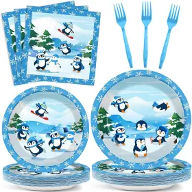 Mm2063 Gisgfim 96pcs Penguin Plates And Napkins Party Supplies Winter Blue