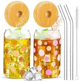Xg0246 Gisgfim 2 Pcs Smile Face Ice Coffee Cup Boho Glass With Straw Multicolor