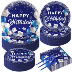 Xg0287 Gisgfim 50 Guests Blue Birthday Plates Napkins Happy Navy And Si