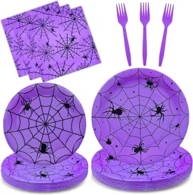 Gst128 Gistome 96 Pieces Halloween Spider Web Tableware Party Multiple Sizes Purple