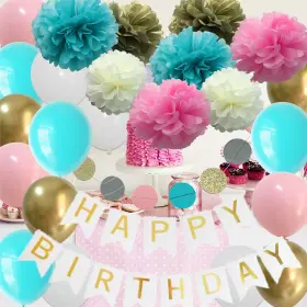Glabby 747902981838 Happy Birthday Decorations Pink Teal Gold Girls Sweet B-day Decor Kit