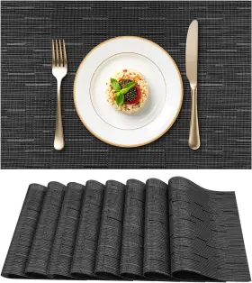St000098-a Gloserin Washable Vinyl Woven Table Placemats 12 Inch X18 Set Of 8 Dark Grey