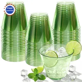 C-green-50 Glowserve Plastic Cups 9 Oz 50 Pack Green Disposable Cocktail Stemless Wine Glasses Clear